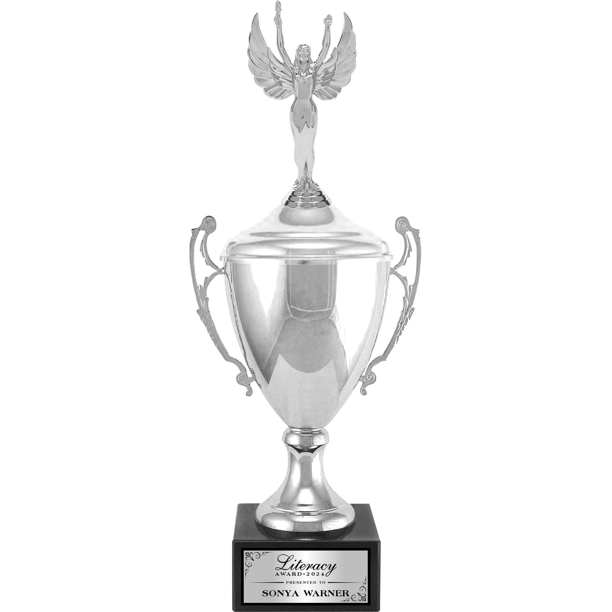 Metal Italian Cup with Lid and Figure on Genuine Black Marble Base
