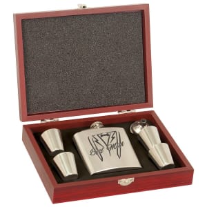Stainless Flask with Shot Glasses in Rosewood Box