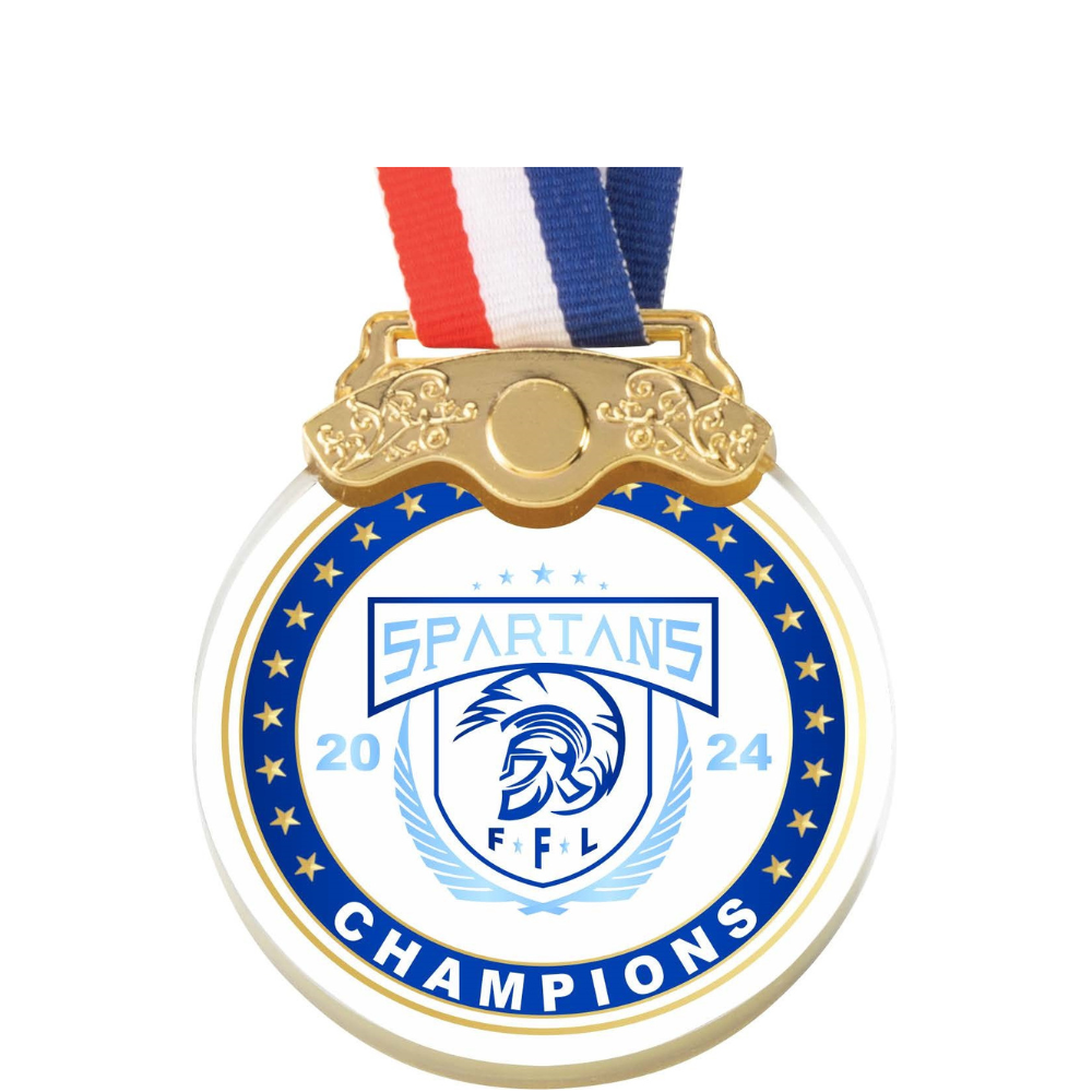 Clear Crystal Medallion with Trim on Red, White and Blue Neck Ribbon