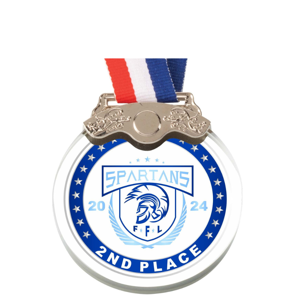 Clear Crystal Medallion with Trim on Red, White and Blue Neck Ribbon