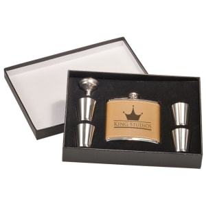 6 Oz Leather Flask Set W/Press Box