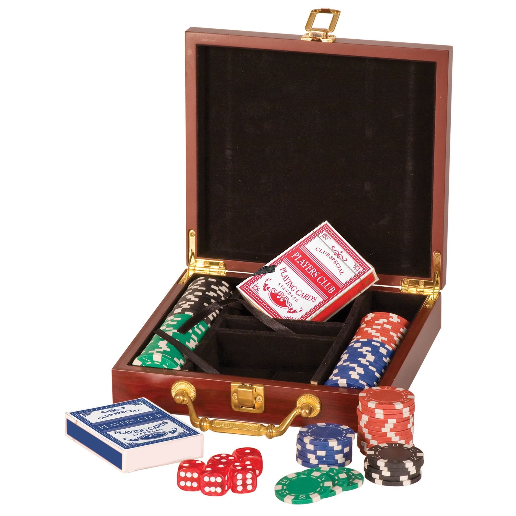 Poker Chips, Cards and Dice in Rosewood Box